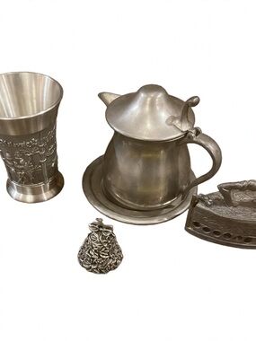 Vintage Pewter Miniatures Lot of 4 Woodbury Pitcher-Malaysia Cup-Italian Iron